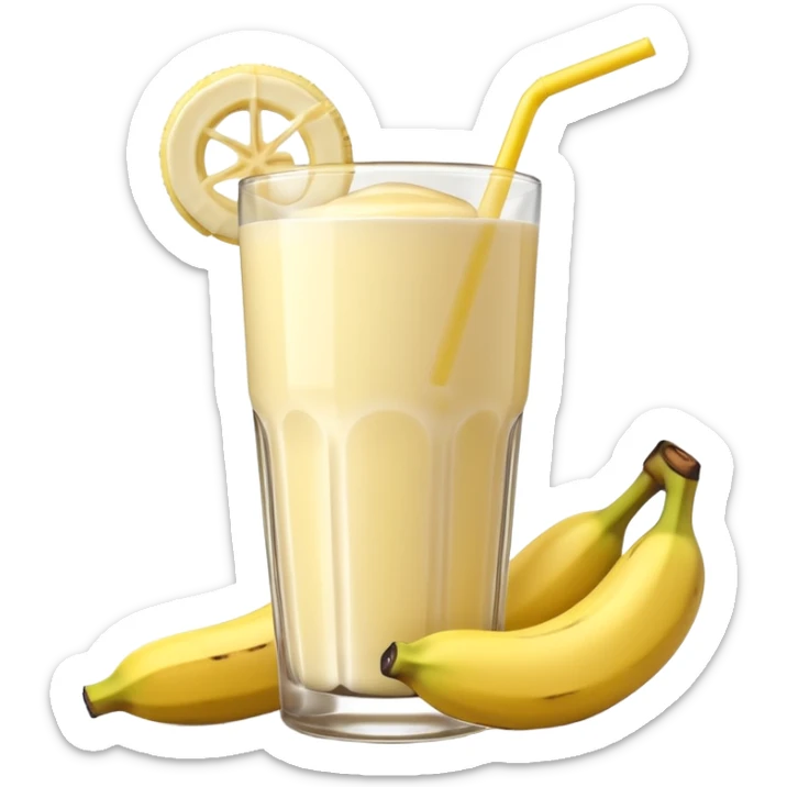 A 3D cartoon glass of banana shake, light yellow creamy texture, straw and banana slice garnish, glossy reflection, natural daylight, Memoji-style. sticker