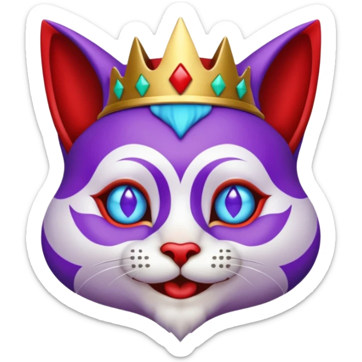 crazy colorful cute little cat jolly joker from poker, medieval, vintage, court jester, mac os icon, purple, gold and red color, half body, blue ice eyes. Squared shape as 3D mac os icon, symmetrical sticker