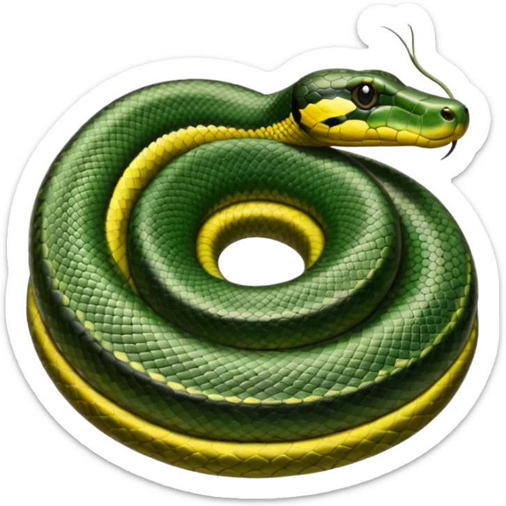 A photo-realistic top-down view of a Green Anaconda tightly coiled in a spiral, with its broad, flat head resting at the center. Its thick, muscular body is olive-green and covered in symmetrical, bold black oval spots that stand out against its smooth scales, creating striking natural camouflage. sticker