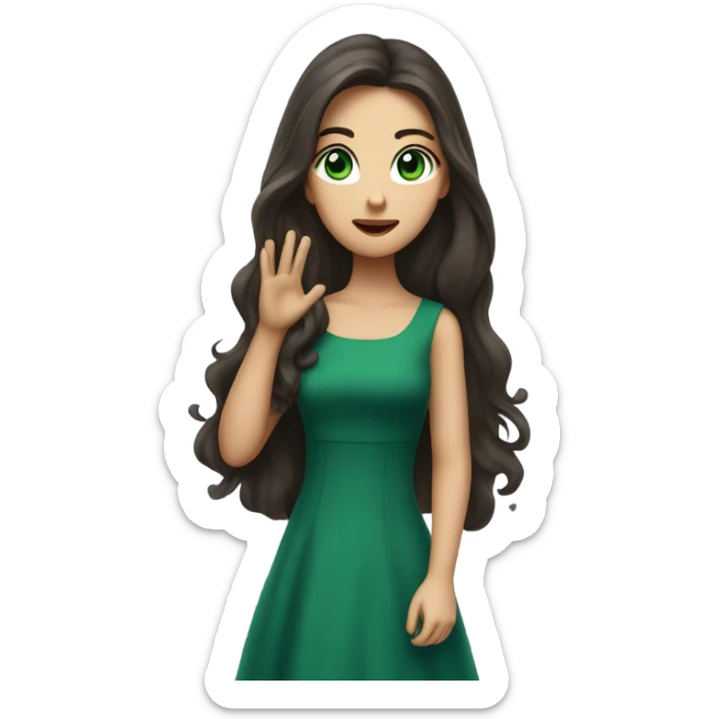 a brunette with long hair and green eyes and in a dark blue dress sends an air kiss sticker