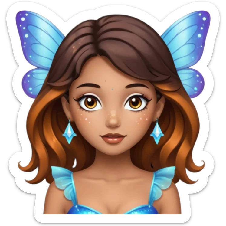 Pretty girl with caramel skin. Dark brown hair and brown eyes. She has freckles. Wearing sexy makeup. Wearing a fairy costume. wearing heels sticker