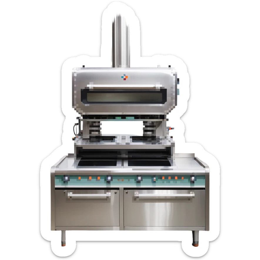 A robotic baker with stainless steel limbs, built-in mixers, and a retro-futuristic oven. The environment is industrial-chic: brushed metal surfaces, LED panels, and mechanical arms. UI mimics control panels with toggle switches, rivets, and analog dials. sticker