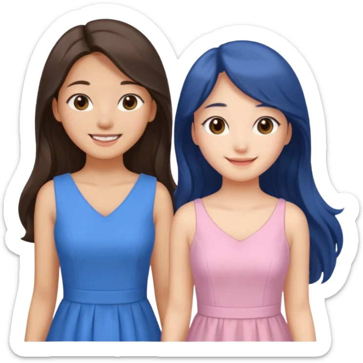 one Korean girl in blue and one white long haired brunette girl in light prink dresses smiling sticker