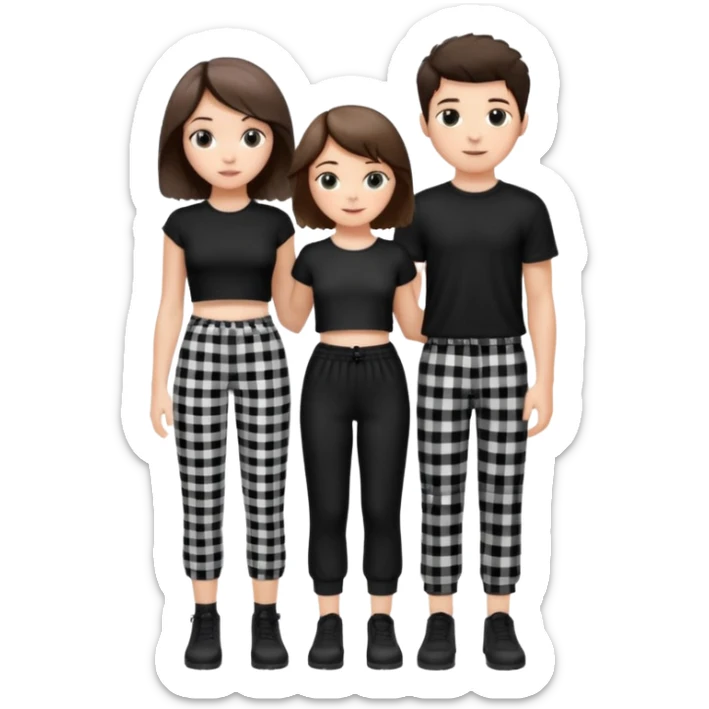 white girl with short brunette hair and eyelashes a little long with a black crop top and black and white plaque pants on top of a white boy with brunnete fluffy hair and long black shirt on and black and white plaque pants. sticker