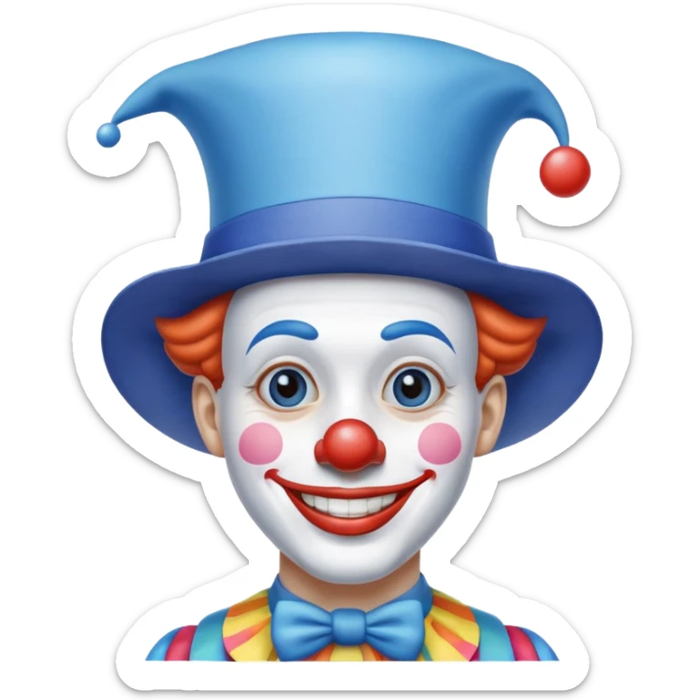 Chú hề đội mũ vuông cao xanh nước biển, cười tươi, khuôn mặt dài, 25 tuổi sticker