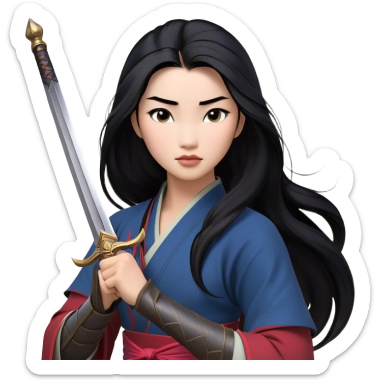 Cinematic Realistic Mulan Portrait, depicted with lifelike skin texture, soft natural lighting, and intricately detailed long black hair styled elegantly. Her deep, expressive eyes exude determination and grace, complemented by a serene yet confident expression. She stands with one hand resting on the hilt of her sword, the other by her side, exuding strength and poise. She is dressed in her classic attire, with rich fabric textures and delicate folds that catch the light beautifully. The portrait features a soft, enchanting glow with a natural, radiant finish, capturing the essence of timeless strength and beauty in a realistic and painterly style, evoking a sense of depth and authenticity. sticker