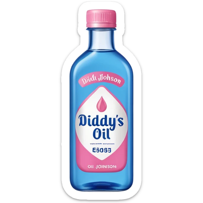 bottle of oil blue top pink outside with logo that says Diddys Oil Johnson and Johnson bottle  sticker