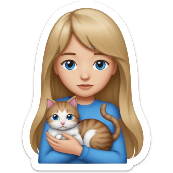 Apple-style emoji sticker of a young woman with long dark blond hair and bang, blue eyes , holding a kitty with black and white patch on her chest.  sticker
