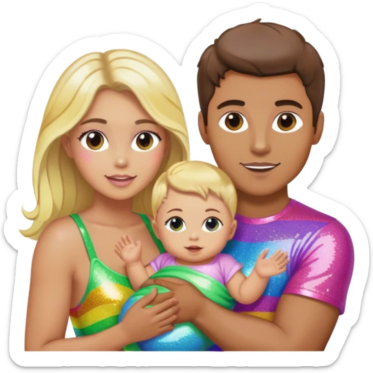 Brunette man and brunette woman with blonde baby gay rainbow glitter pride sticker