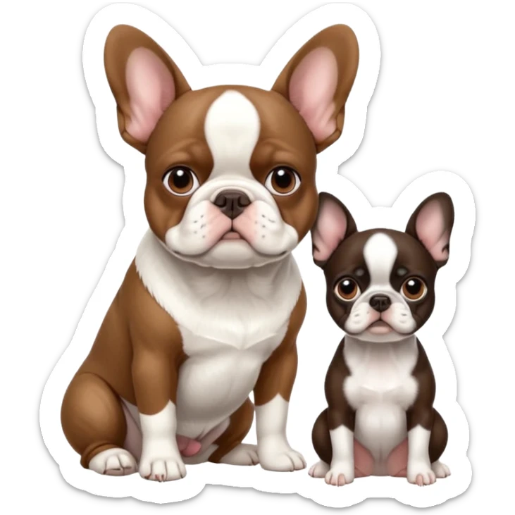 All pure white French bulldog sitting next to skinny brown Boston terrier sticker