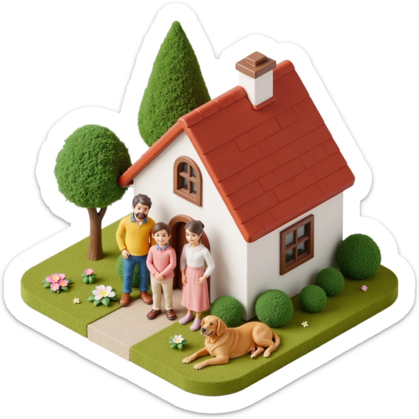 skeuomorphic icon of a cottage with a smiling family (parents, two kids) and a golden retriever, with realistic materials and depth sticker