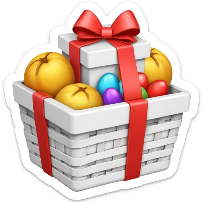  white small gift basket with small gifts inside and only 3 gifts the gifts colors white sticker