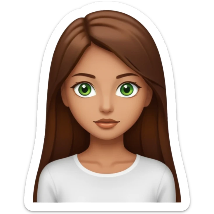 beautiful woman, tan skin, green eyes, straight long brown hair, model, white top sticker