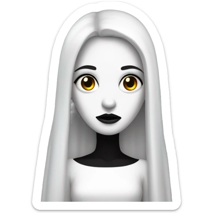 white face girl with long black hairs in white dress looking to a front like horror sticker