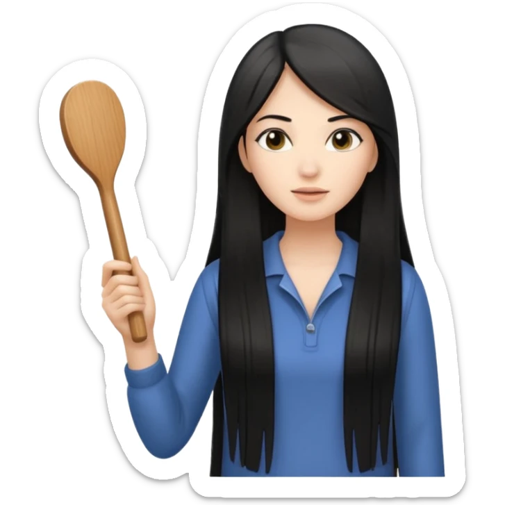 A white woman with long, straight black hair, holding a wooden paddle hairbrush in her left hand and spraying a hair mist bottle with her right hand toward her hair. sticker