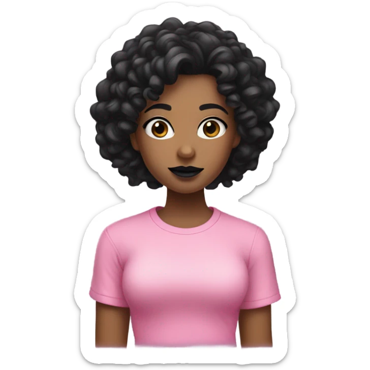 Black curly hair girl with black lipstick and pink t-shirt sticker