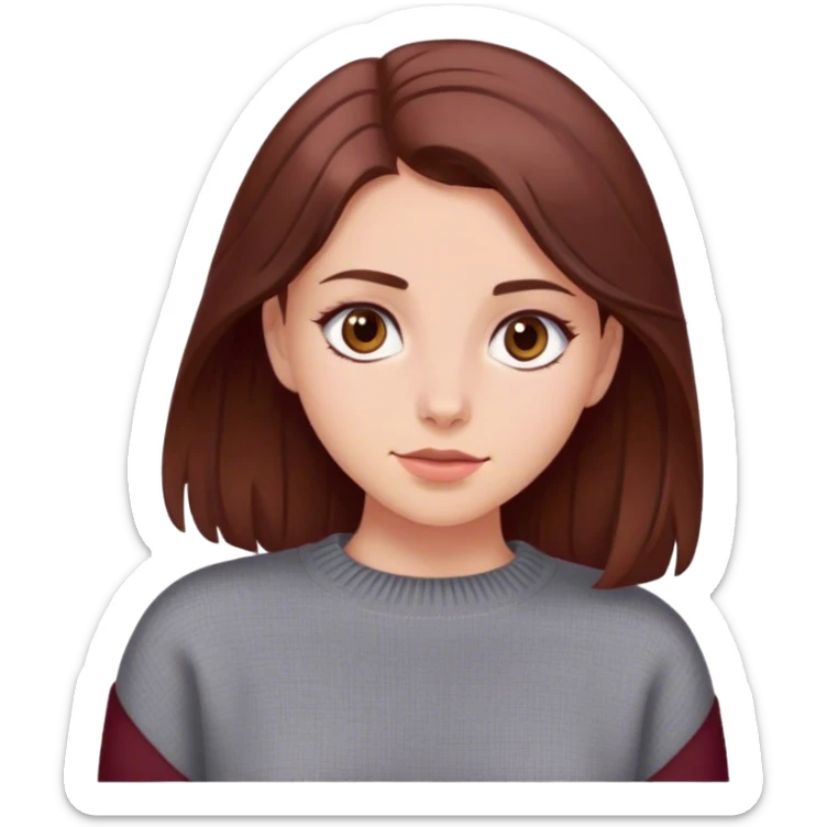 A girl with brown hair smiles, gray eyes, wearing a burgundy sweater sticker