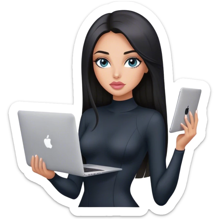 Glamours, tanned, very beautiful girl, with big pump peach-beige-rose lips, black straight smooth silky long hair, straight parting, blue-grey eyes, in black bodysuit holding MacBook sticker