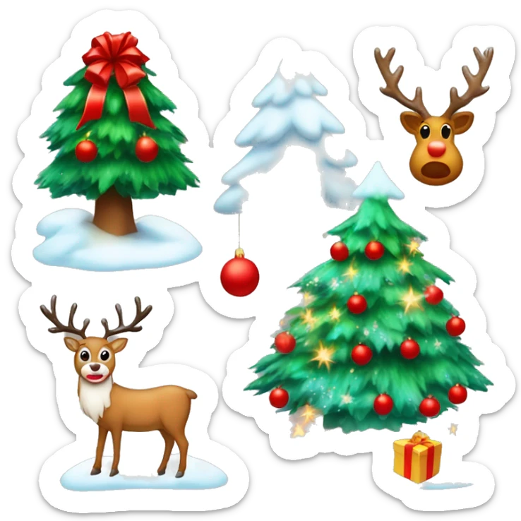 snowy christmas tree with red balls and lights with a star on top and presents underneath and a reindeer with santa claus next to it sticker
