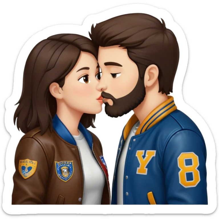 A brunette girl with a letterman jacket kissing a brunette boy with a beard and leather jacket  sticker