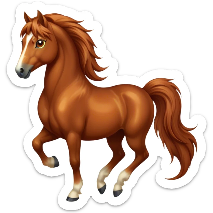 Cinematic Elegant Chestnut Horse Portrait Emoji, Head held high with a serene, graceful gaze, showcasing a magnificent chestnut fur with a radiant shimmer, flowing mane and tail, and luminous amber eyes that exude beauty and grace, Simplified yet majestically refined features, highly detailed, glowing with a soft, ethereal light, high shine, poised and breathtaking, stylized with an air of pure elegance, capturing the essence of a stunning and graceful steed, so beautiful it feels like it could gallop out of the screen with effortless charm! sticker