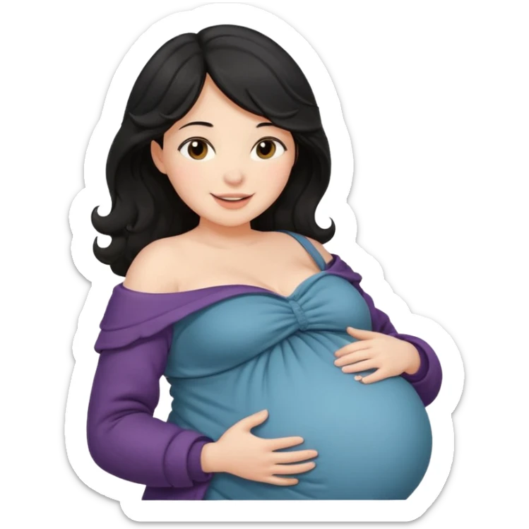 pregnant woman with wavy black hair happily touching her big belly while wearing warm clothes and a thin coat slightly drop of her shoulder sticker