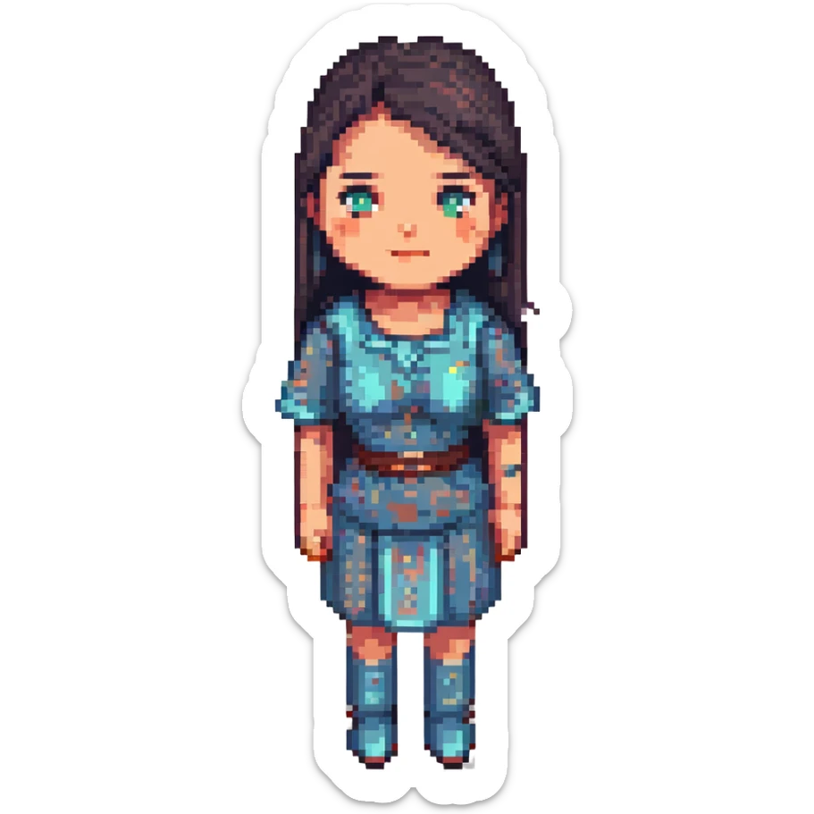 40-year-old woman with straight dark hair and medium skin, pixel art style sticker