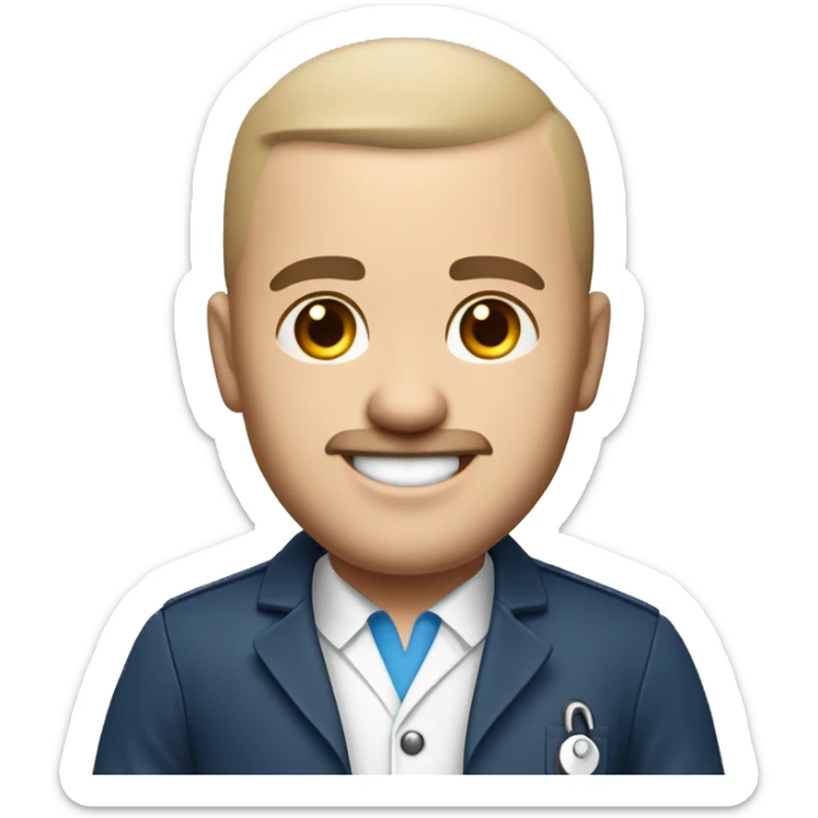 Health insurance agent with semi-bald head but with some hairs on the sides , white-skinned, no eyeglasses, white coat with blue polo inside, no stethoscope, smiling, with few but almost unnoticeable mustache, with slanted eyes, beautiful smile sticker