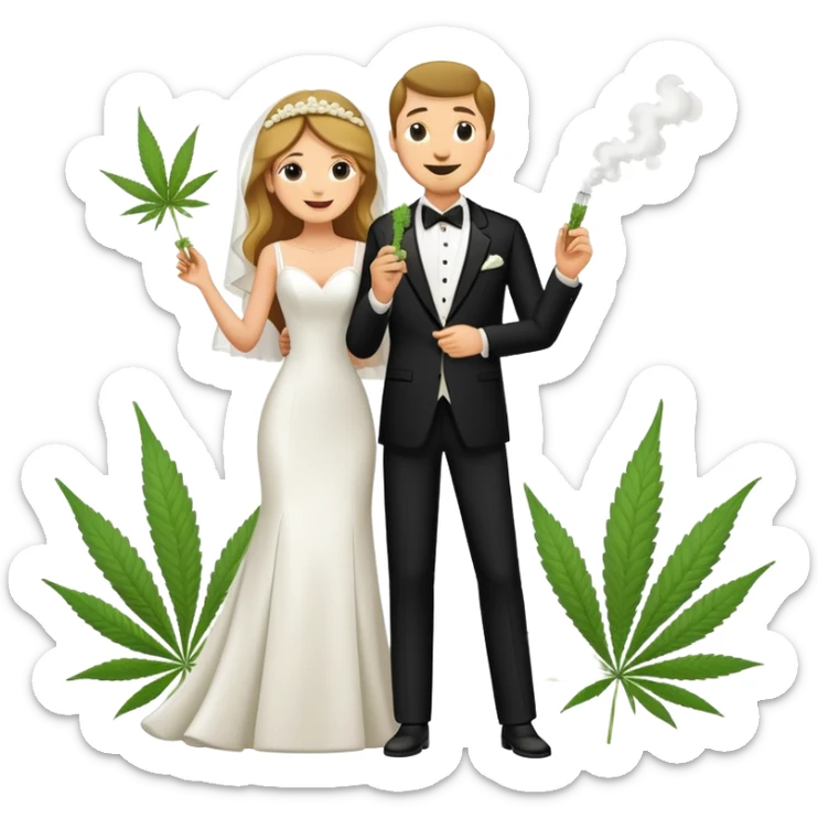 Full body view of bride in white dress and groom in tuxedo sharing a cannabis joint, cheerful cartoon wedding couple standing together sticker