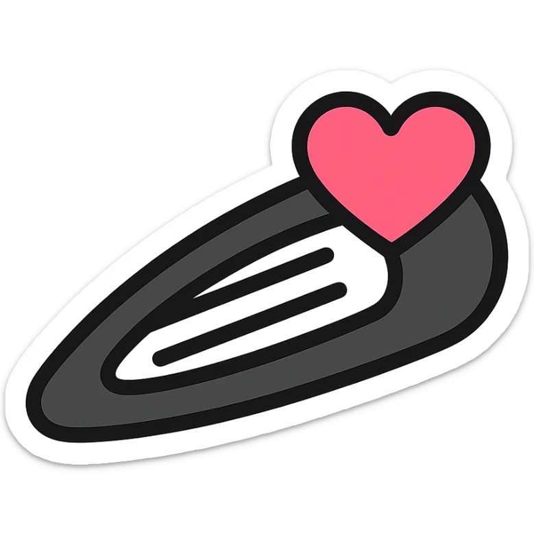 gothic hair clip, modern, clean lines, minimalistic, with heart accent, black and pink sticker