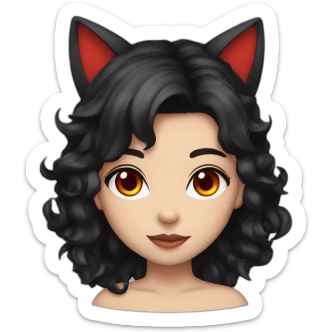 girl, cat ears, black hair, wavy hair, red eyes, black sclera sticker