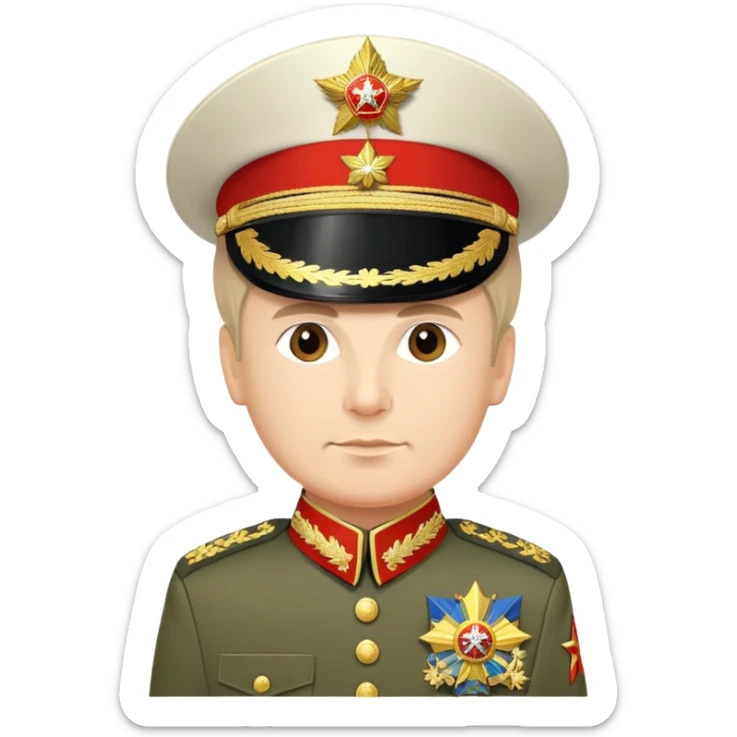 Russian military general in formal uniform with medals, epaulettes, and military hat sticker