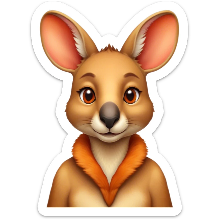 Cinematic Noble Kangaroo Portrait Emoji, Poised and regal, with a powerful, muscular build and a sleek, well-groomed fur of warm red-orange hues, deep-set soulful amber eyes and a strong tail, Simplified yet sharp and sophisticated features, highly detailed, glowing with a warm, dignified glow, high shine, intelligent and athletic, stylized with an air of outback majesty, focused and attentive, soft glowing outline, capturing the essence of a watchful and confident marsupial, so majestic it feels as though it could bound out of the screen with effortless authority! sticker