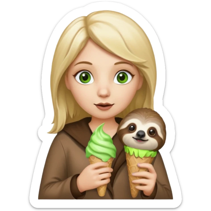 Blonde women green eyed in a sloth costume having a cone  sticker