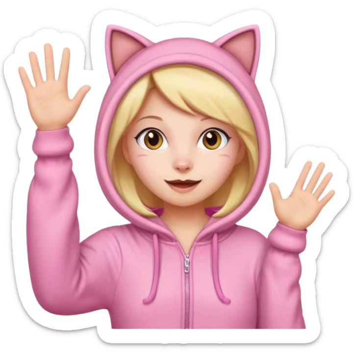 Girl in pink cat onesie waving happily sticker