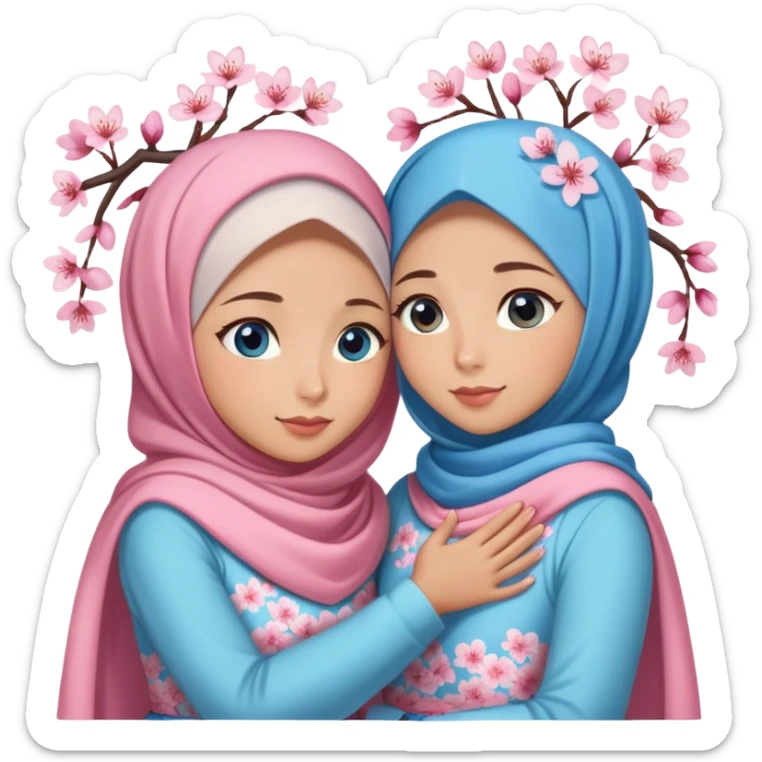 Two sister hugs Turkish girls beautiful finish Konya blue eyes with cherry blossom hijab and heart dress and hugs  sticker