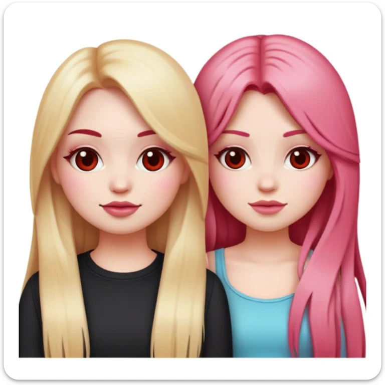 Emoji style, two girl best friends. One with a really girly look, big cheeks, long and straight blonde hair and white skin. The second one with long layered deep red hair with a lot of volume and a 80's rockstar look. sticker