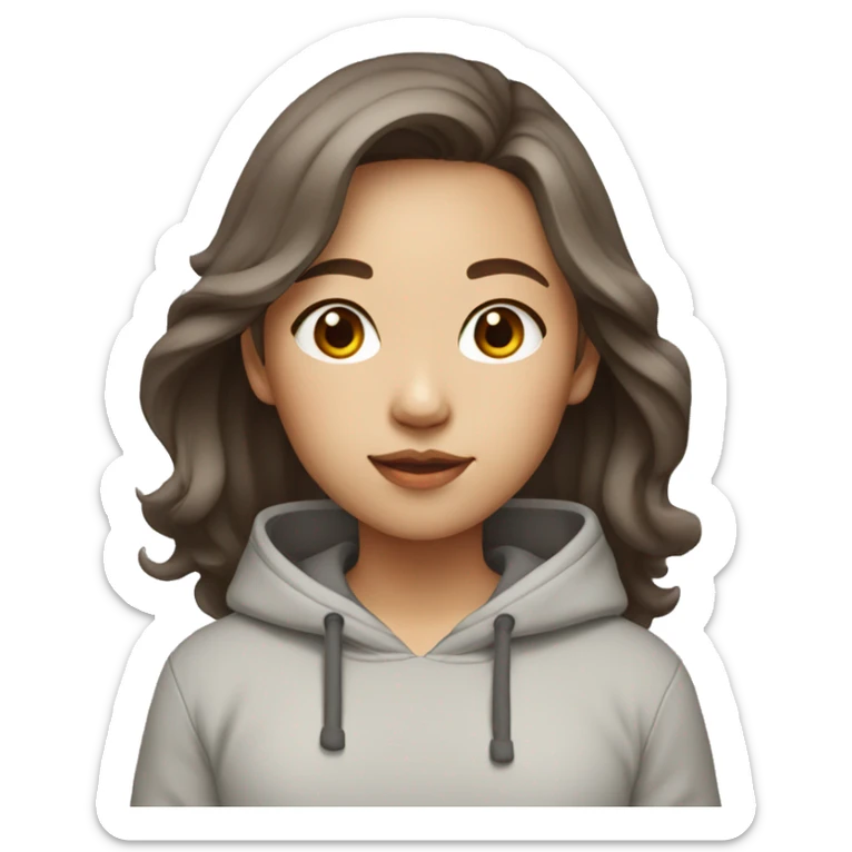 Asian girl in light grey hoodie with brown medium wavy hair sticker