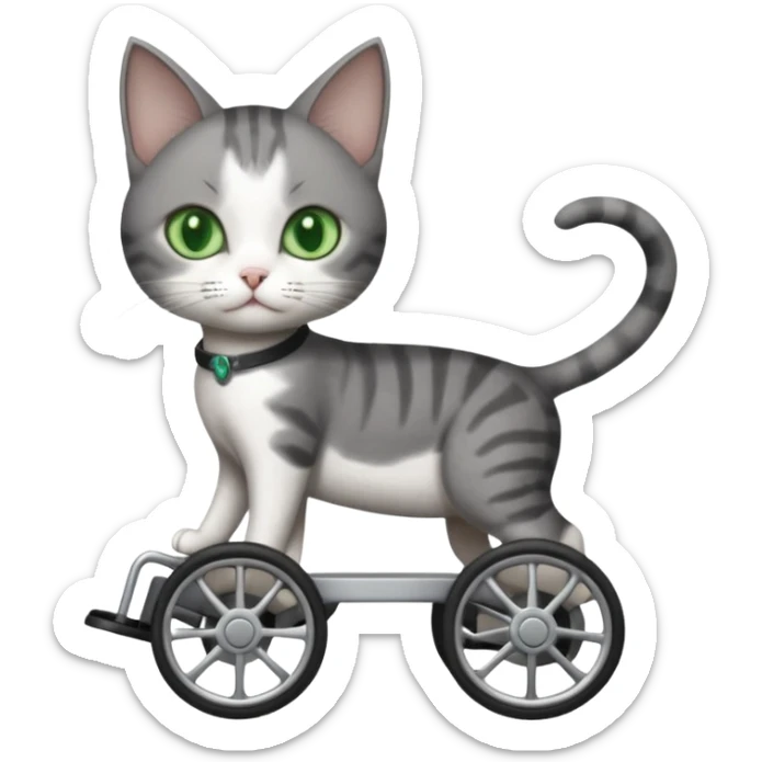 full body small short hair dark grey and white cat with green eyes walking in a wheelchair for cats sticker