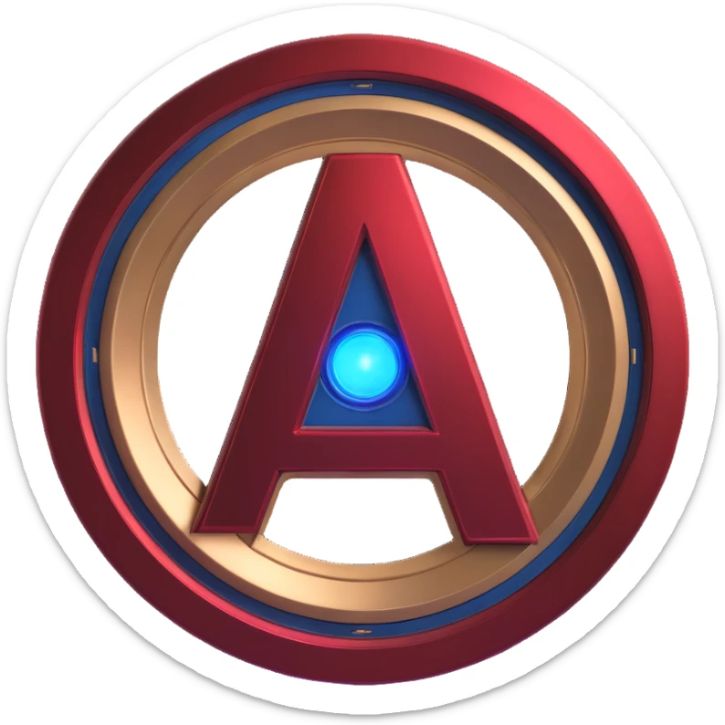 3D emoji-style alphabet letter A inspired by the Avengers logo, bold metallic with a sleek futuristic finish, glowing blue arc reactor at center, subtle Captain America shield textures, red and gold accents like Iron Man's suit, cute compact glossy high-tech heroic vibe suitable for emoji use sticker