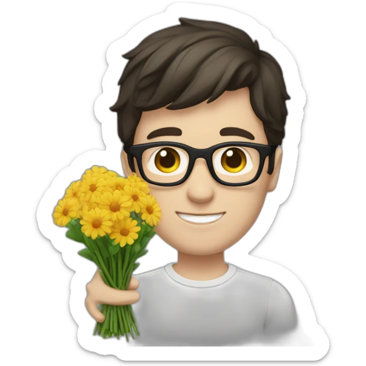 white skin guy with dark hair and glasses gives a bouquet of flowers sticker