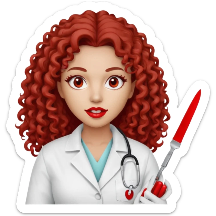 0Scary woman scalpel in hand, evil surgeon sexy surgeon clothes.  She has red eyes. Her  brown long curly hair. Wears sexy doctor outfit with red gloves. make her hair free and brown but she  wear mouth cover   to hide. Wears white surgeon jacket and  only   death long , long beown hair  sticker