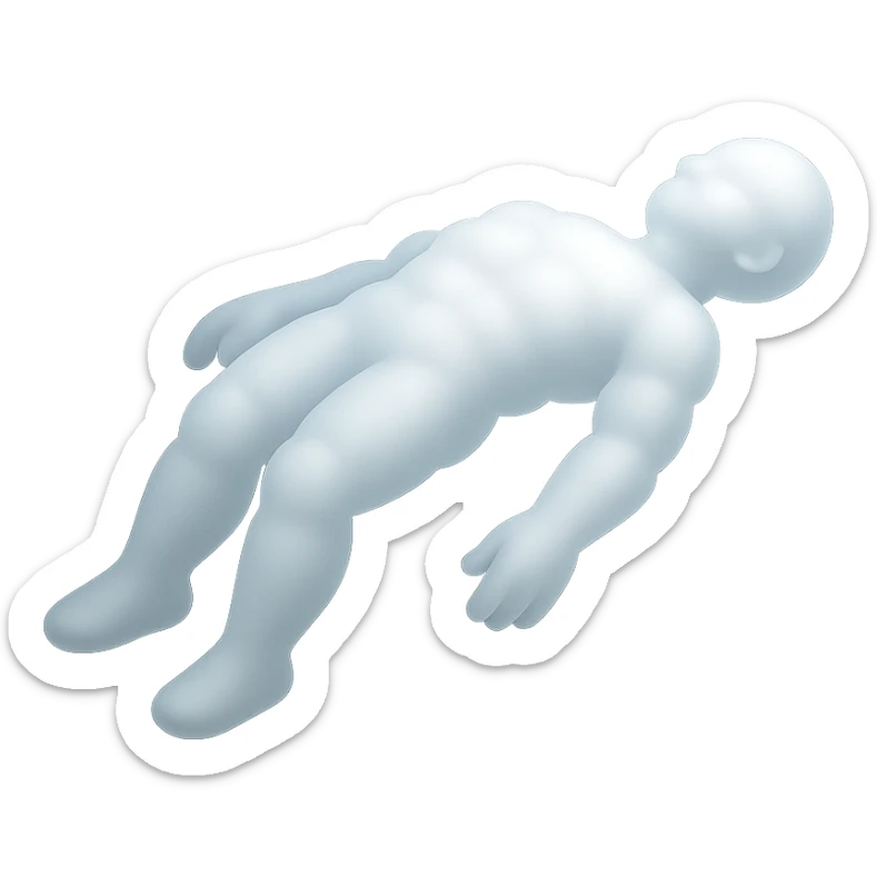 side view of unconscious person flying torso up, legs and arms down, made of very bright white fluffy convex small clouds, matte glass style sticker