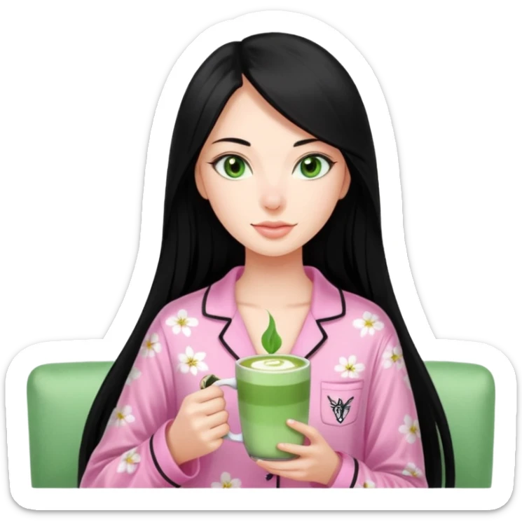 a 18 year old woman pin straight long black hair green eyes pink Victoria secret pjs with matcha sticker