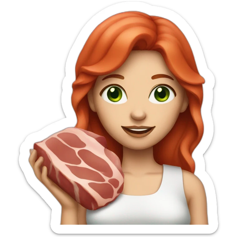 white skin red hair green eyes woman holding meat sticker
