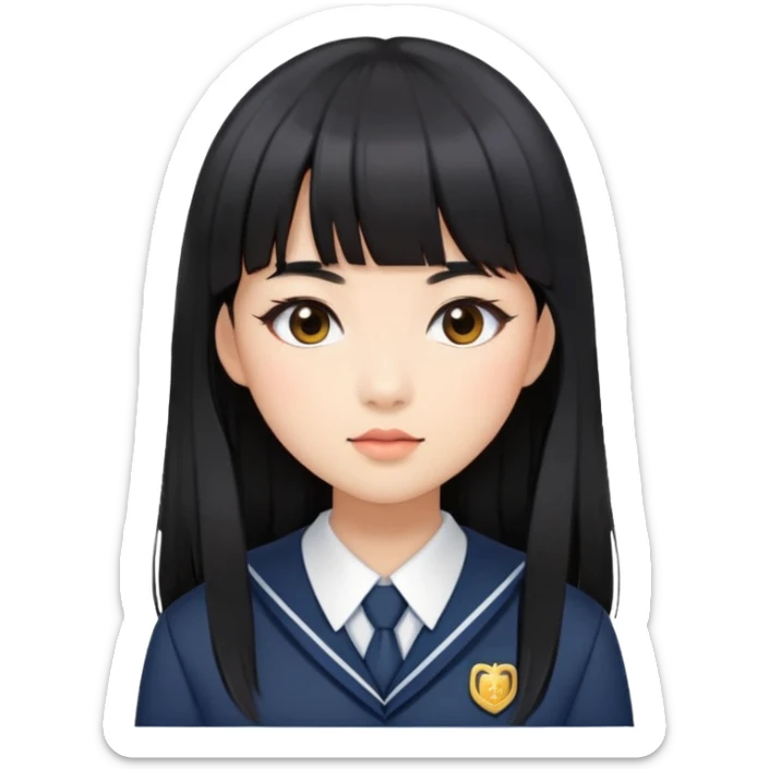 stylish woman with Asian skin, school uniform, long straight black hair with bangs, and soft makeup sticker