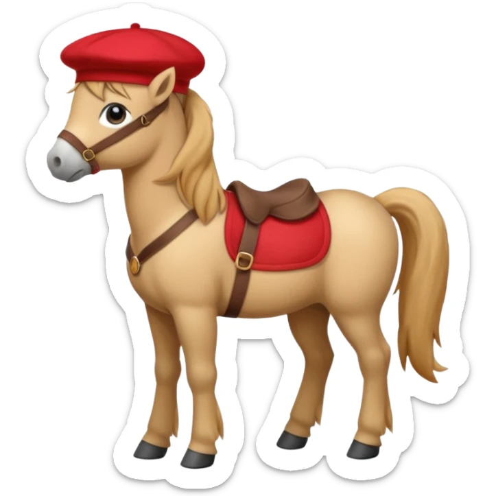 A cute pony (horse) emoji, full body, standing in side view, wearing a stylish red beret. sticker