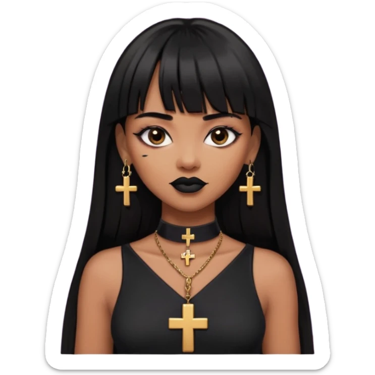 vampira parda com cabelo preto longo e liso e franja, olhos pretos, brincos em formato de cruz, choker em formato de cruz, roupa preta com decote, batom preto e sorrindo de canto sticker
