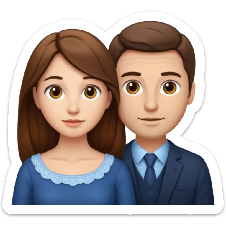 A married woman and man, woman with long brown hair and fair skin, man with short brown hair and fair skin.

 sticker