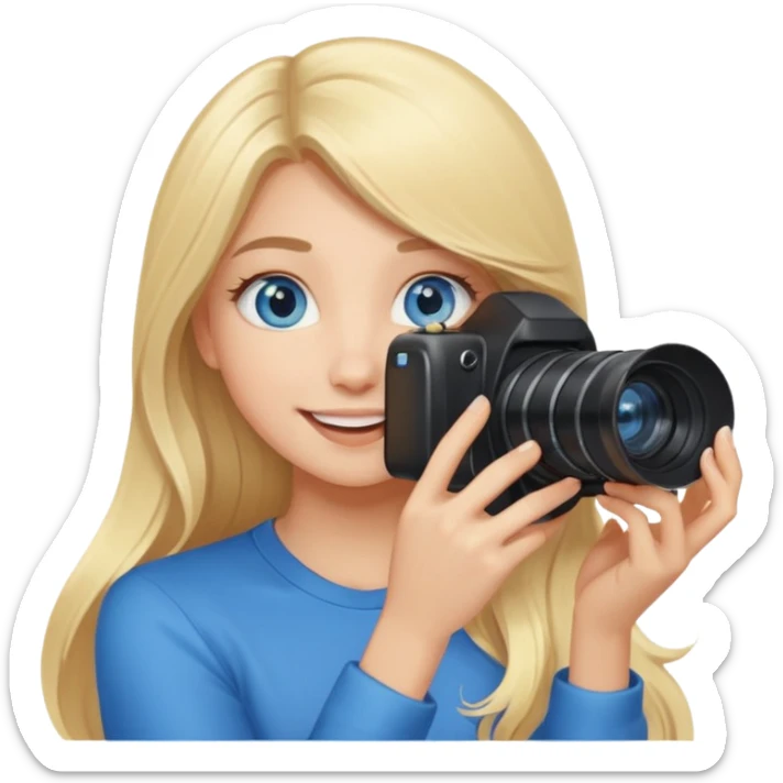 blue eyes blonde girl photographer cartoon taking picture in middle of taking picture camera in front of face long hair smiling funny flash professiona sticker